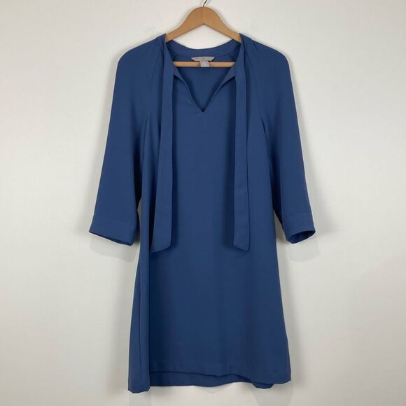 H&M Shift Dress w/Neck Tie Size 0 Blue 3/4 Sleeve Collegiate Work Wear - Picture 1 of 6